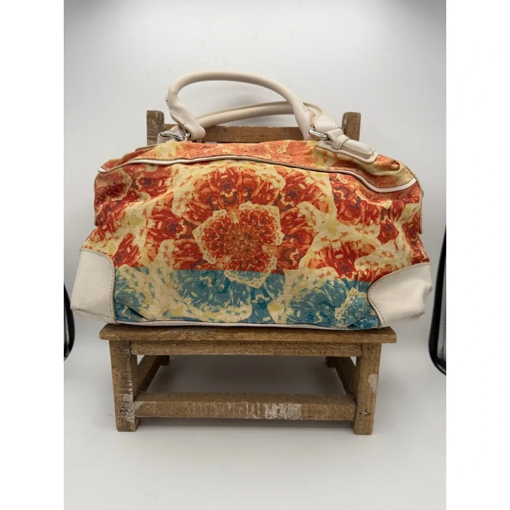 Floral Canvas Satchel Handbag Orange Blue Abstract Print Faux Leather Trim‎